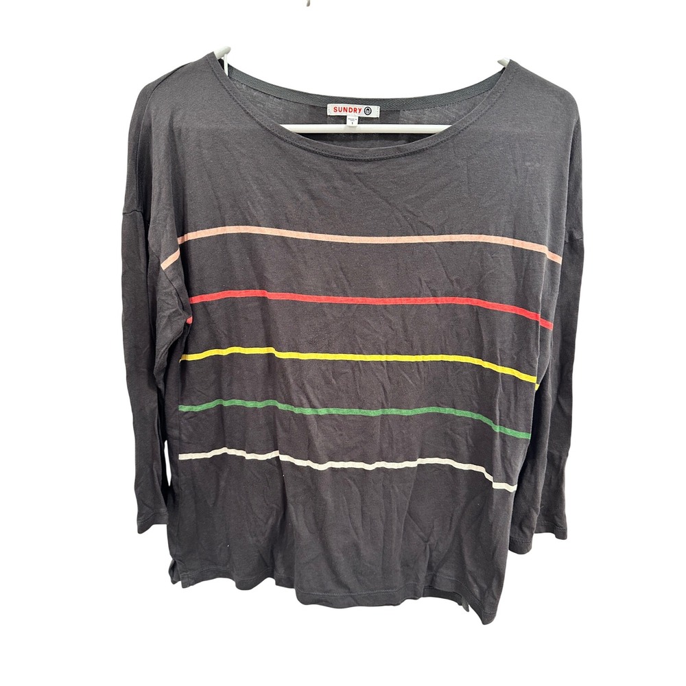 Sundry Striped Long Sleeve Cotton Modal Top Size 1 S Charcoal Multi Color